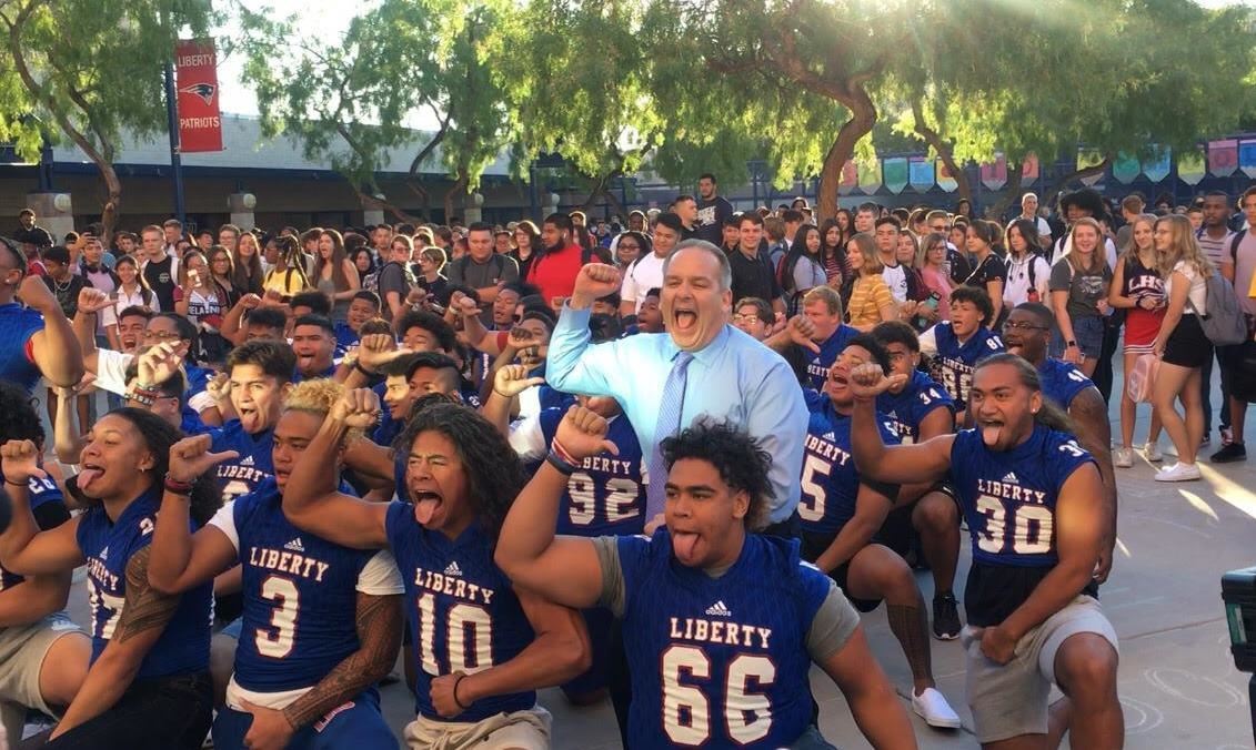 Clark County Schools Superintendent Jesus Jara on the first day of school performs the Haka with Liberty High School. 